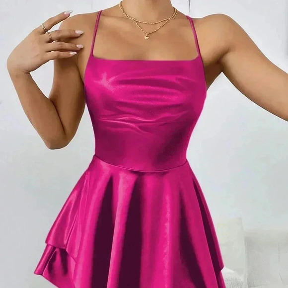 Hot Pink Sexy Women's Satin Backless Halter Neck Elegant Pleated Dress - Picture 7 of 8